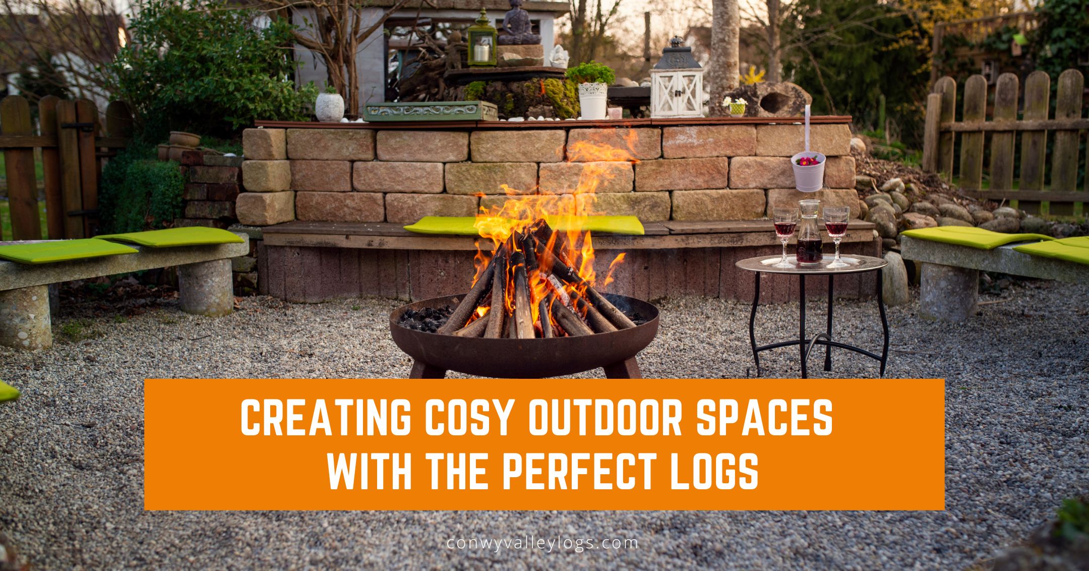 cosy outdoor fire pit with two glasses of wine, back garden